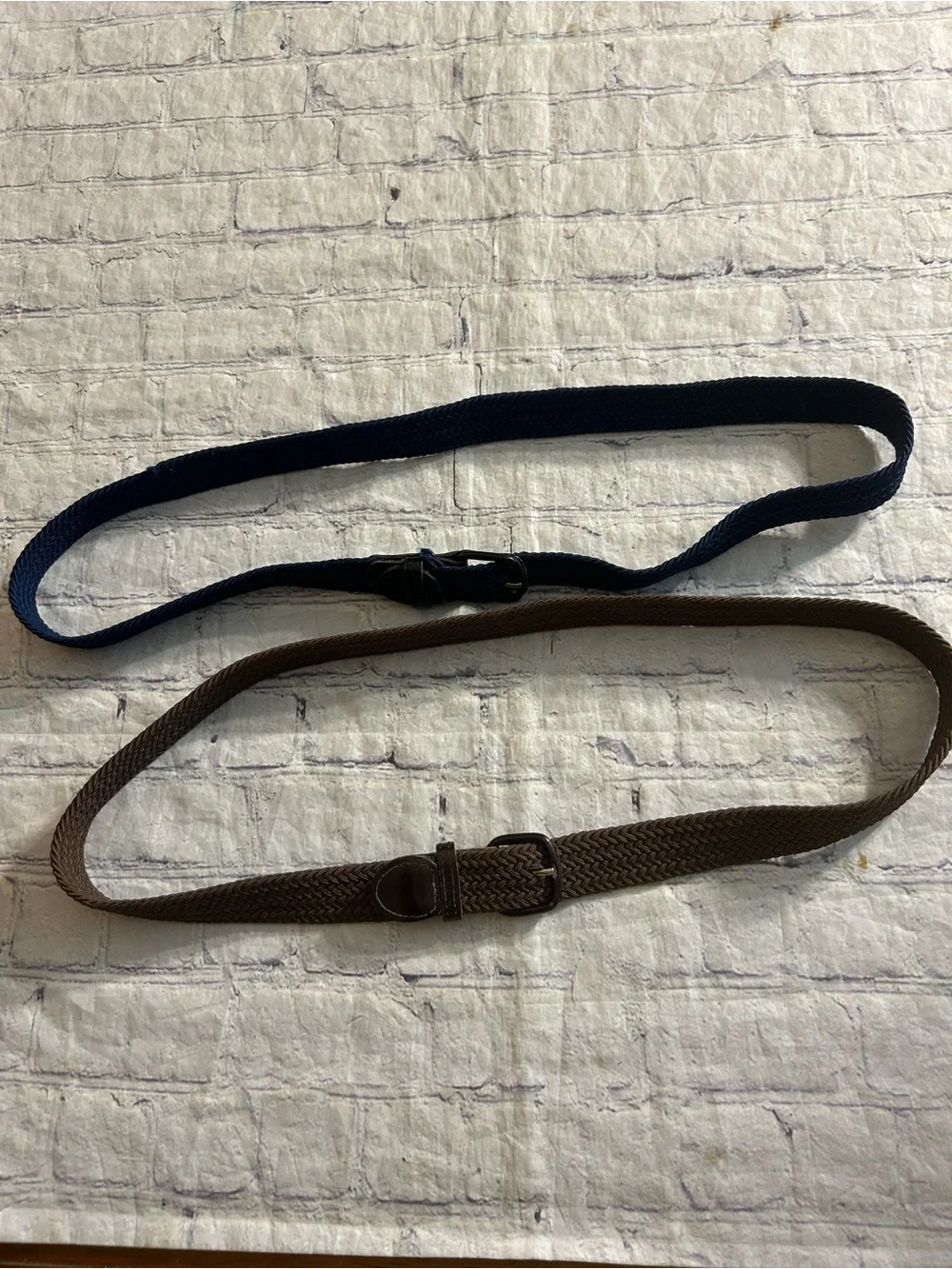 VINTAGE BROWN AND NAVY WITH LEATHER COVERED BUCKLES MEN STRETCH BELTS